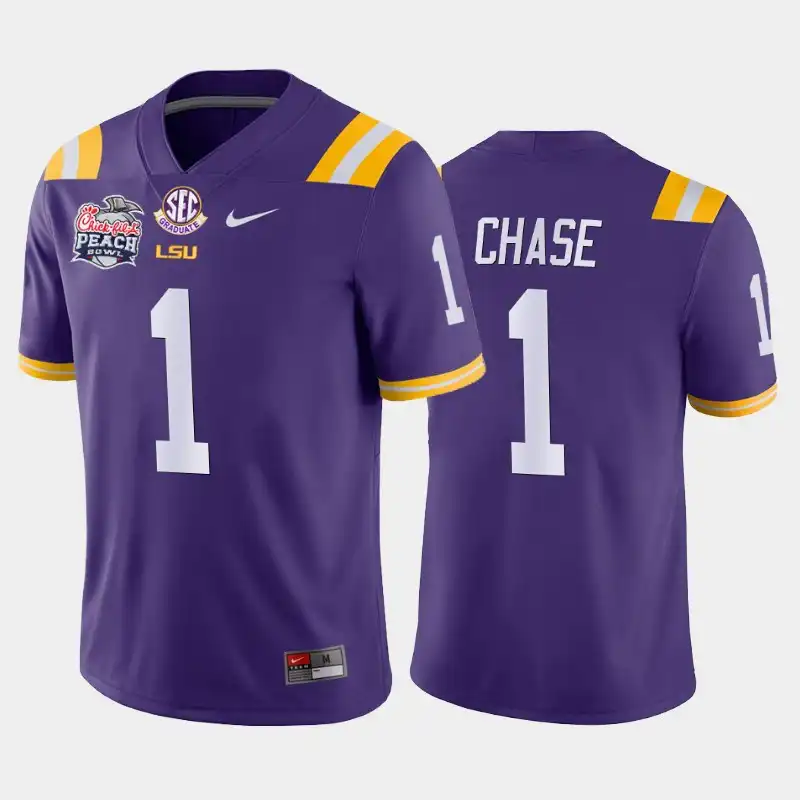 Men's LSU Tigers Ja'Marr Chase #1 2019-20 Purple Peach Bowl Champions Away NCAA Football Jersey